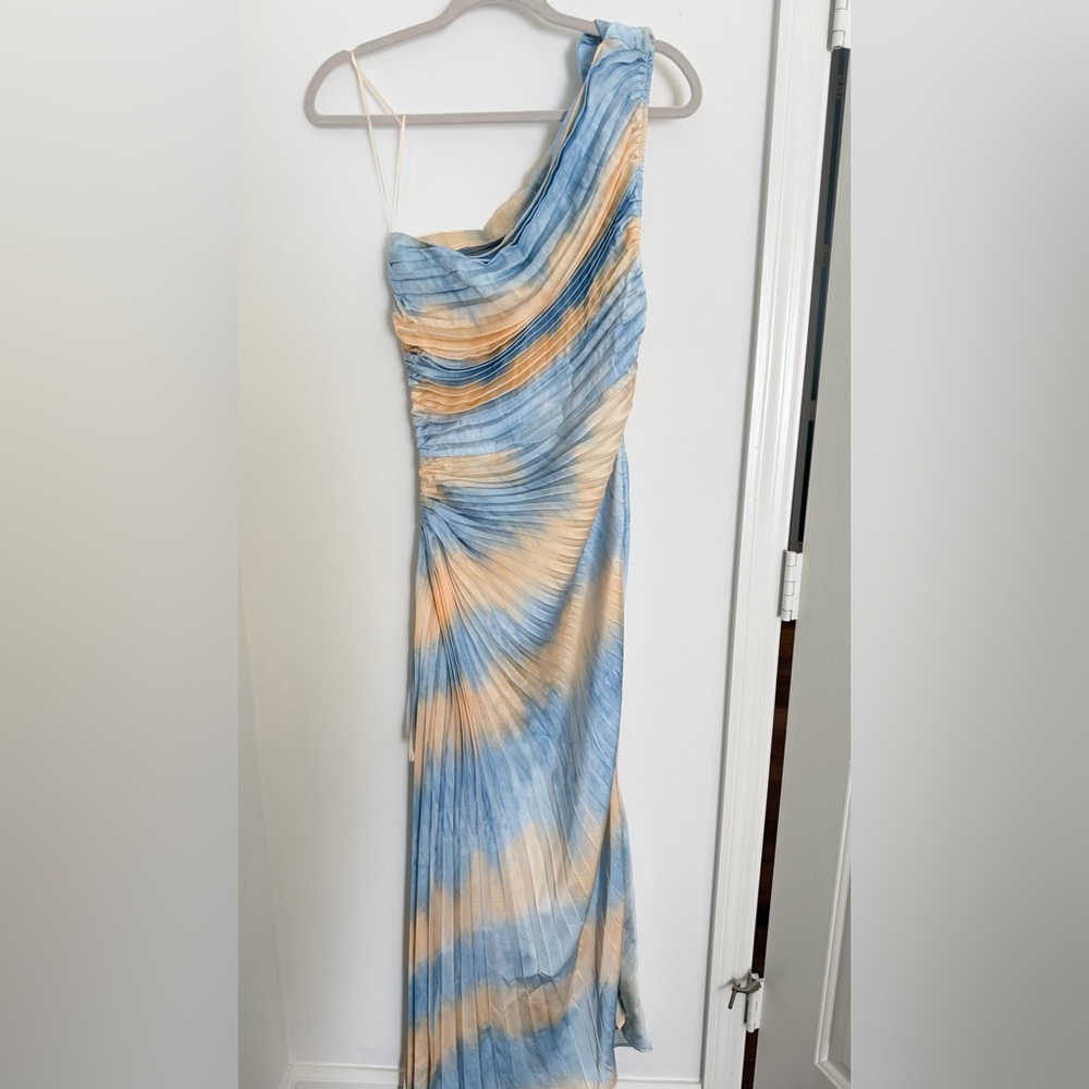 Endless Blu Asymmetrical Blue and Cream Dress, open side w ruching, flowy!